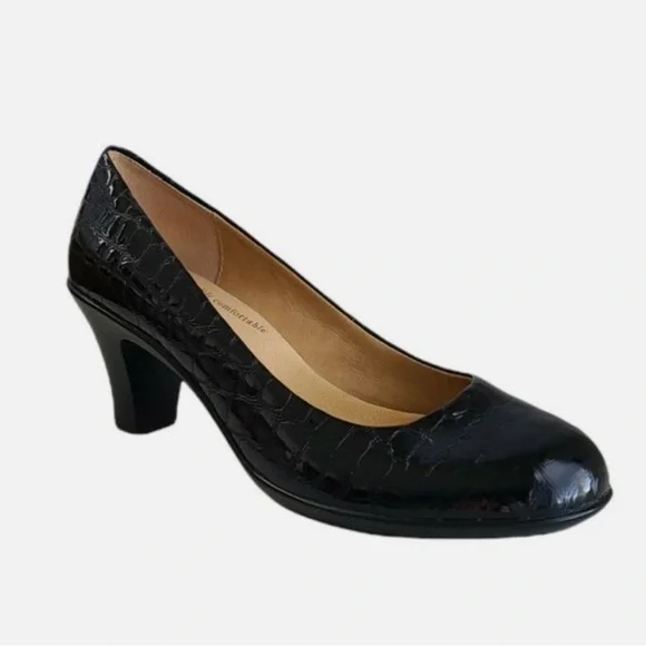 NWOB Softspots Salude Croco Black Patent Leather Pump Low Heels Pumps si… - Picture 1 of 12